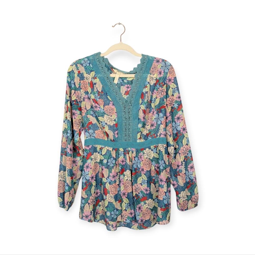 Matilda Jane Multicolor Kookaburra Floral Crochet Trim Top Size L